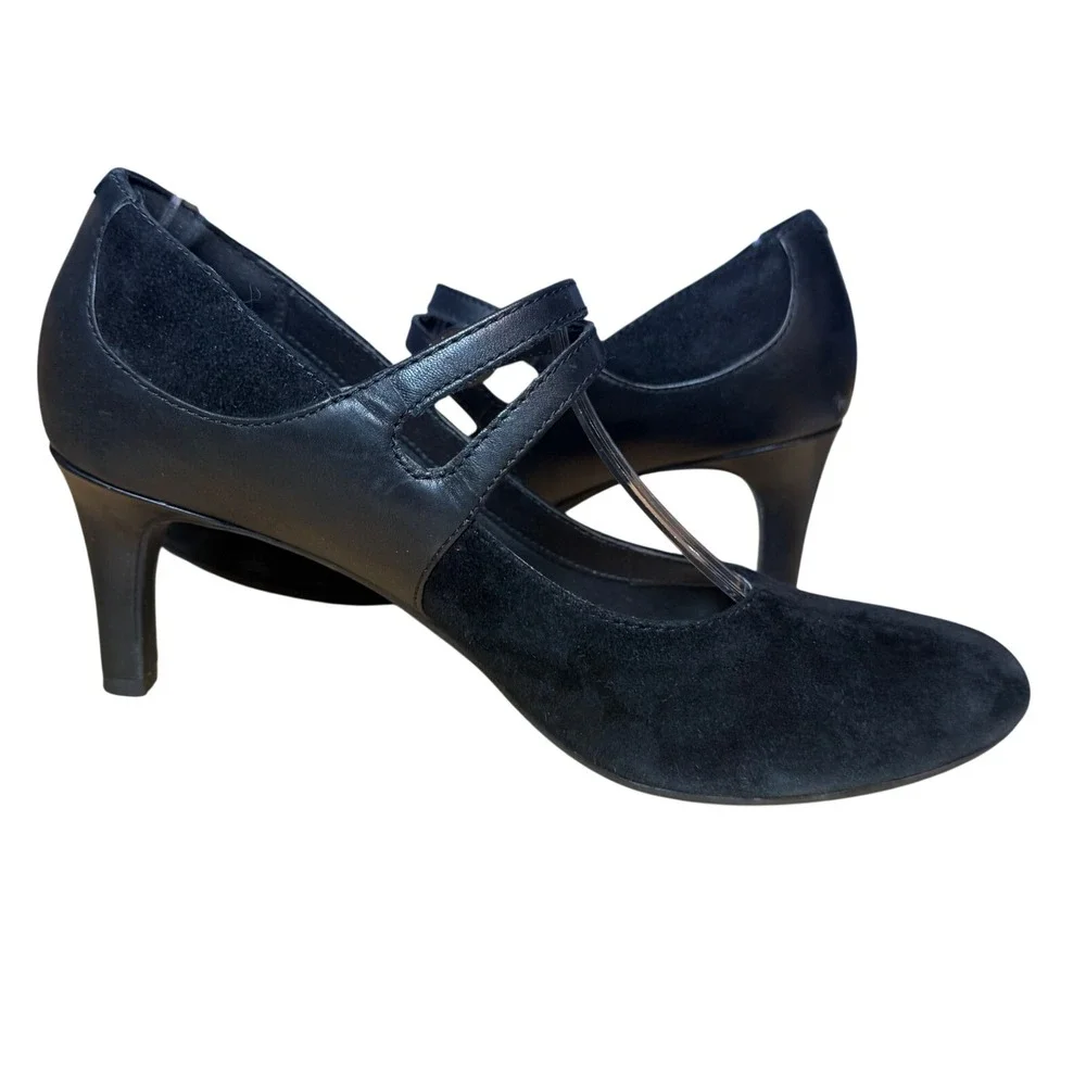 Clarks Womens Black Suede Leather Mary Jane‎ Pumps Buckle Strap Heels Round Toe